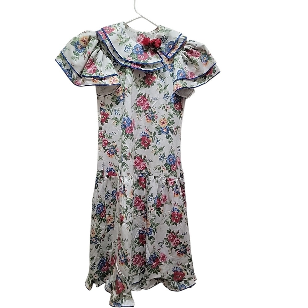 Vtg Sarah Kent 80's Floral Garden Party Cottagecore Dress Girls 8 Blue Collared